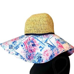 Lilly Pulitzer wide Straw/Fabric‎ Floppy Beach Hat Blue Sea to Shining Sea OS